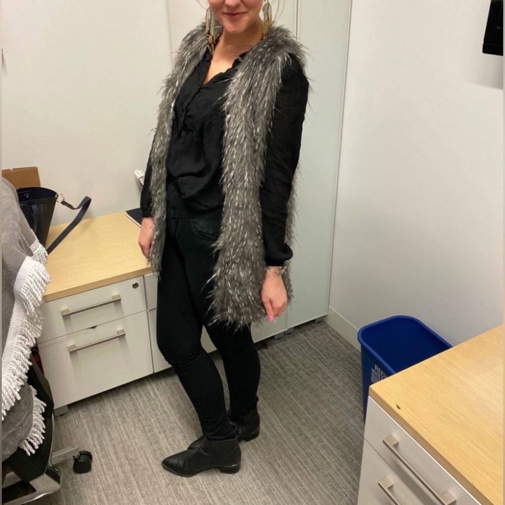 Gray/white long faux fur vest